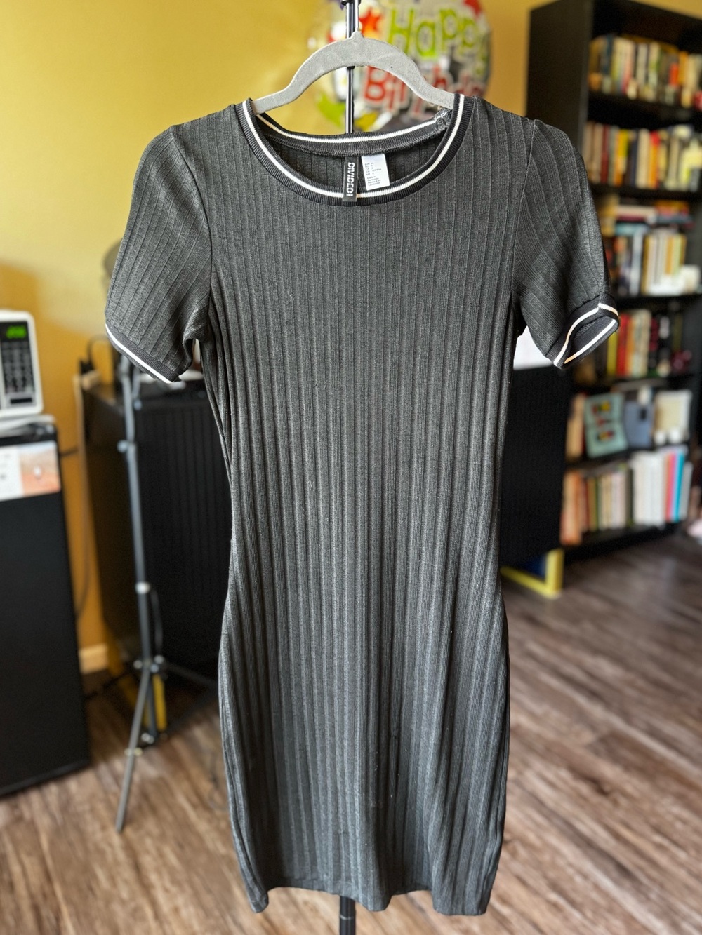 Divided Black Ribbed Short Sleeve Dress with White Trim
